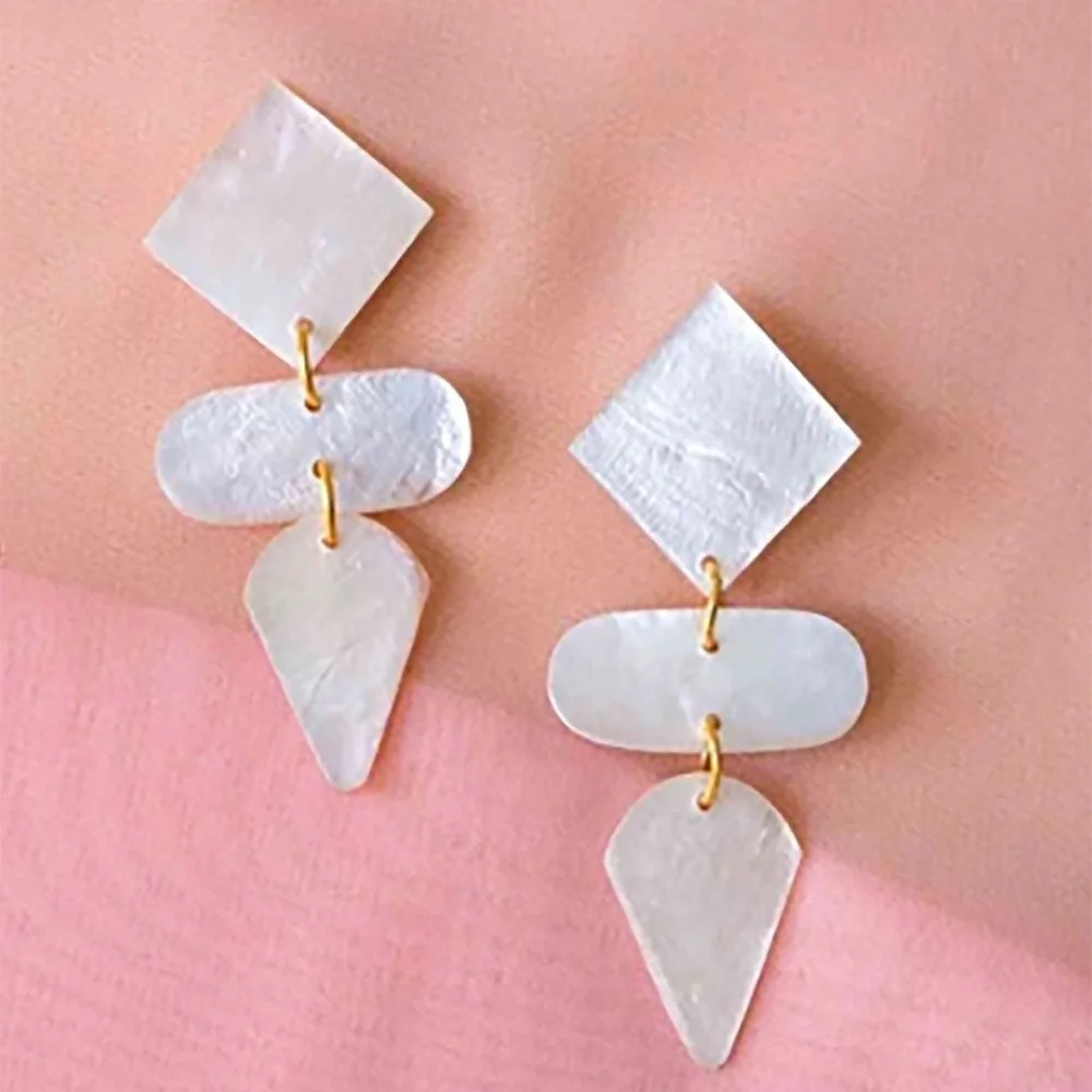 White Coconut Shell Renata Earrings in Goldtone
